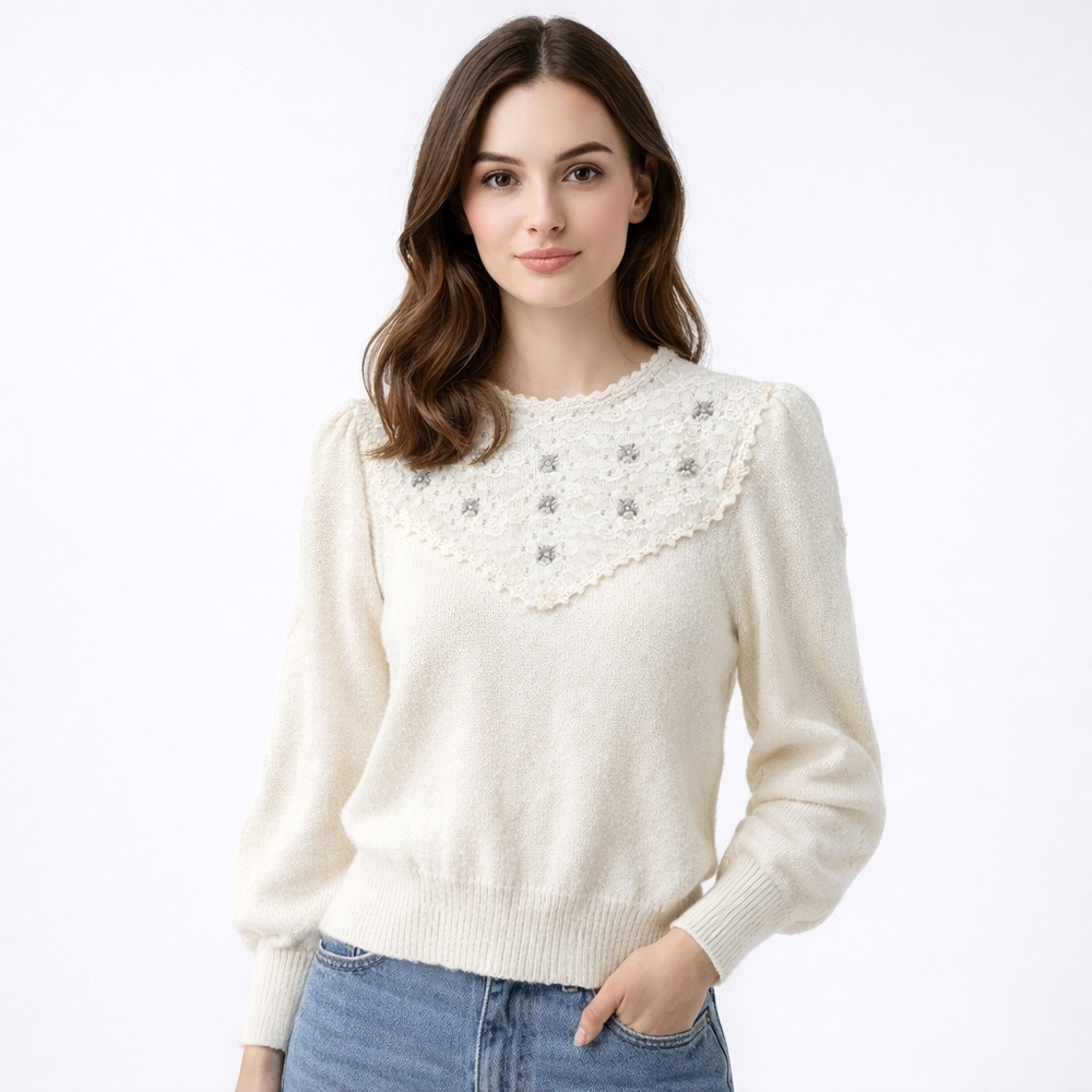 Vintage 1980s Dana Ashley Cream Rhinestone Pearl Bugle Bead Scallop Lace Sweater